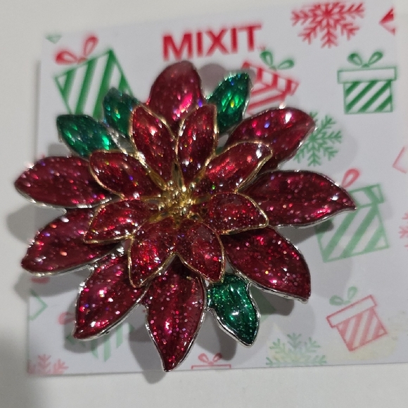MIXIT Glittering Poinsettia Brooch, Red & Green Holiday Flower Pin, Gold Accents - Picture 5 of 10